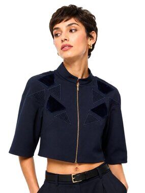 Carlucci Navy Blue Faux Fur Mesh Crop Jacket
